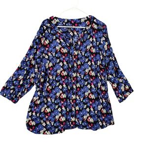 Talbots Woman Plus 3X Black Dark Floral VNeck 3/4 Sleeve Popover Blouse Top